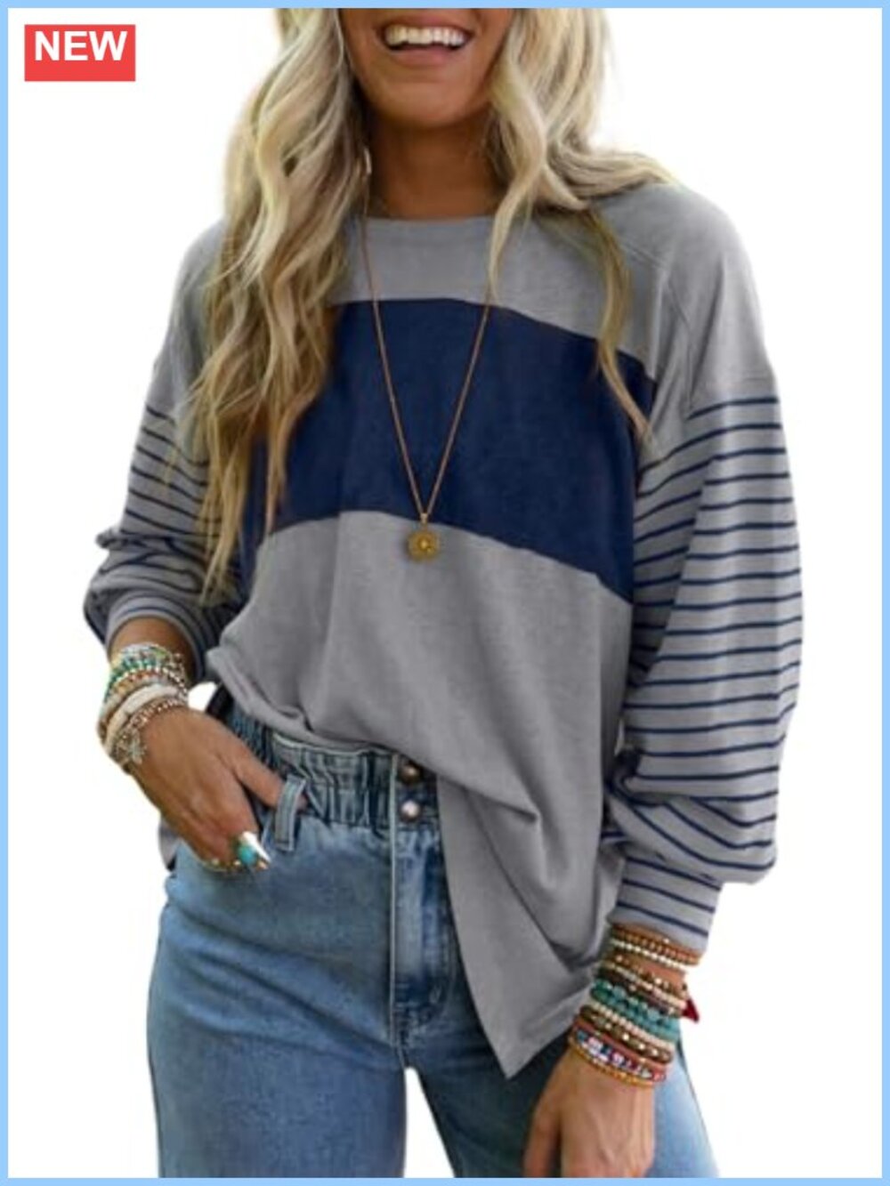 Long Sleeve Color Block Tunic Blouse Stretchy Casual Work Top